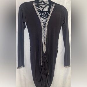Savee Couture Black Stretch Evening Dress w/ Rhinestones Sequin Lace Back XS New